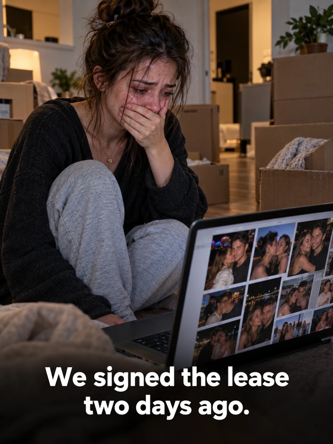 AI-generated scene of a woman among moving boxes, looking at a laptop. Caption: We signed the lease two days ago.