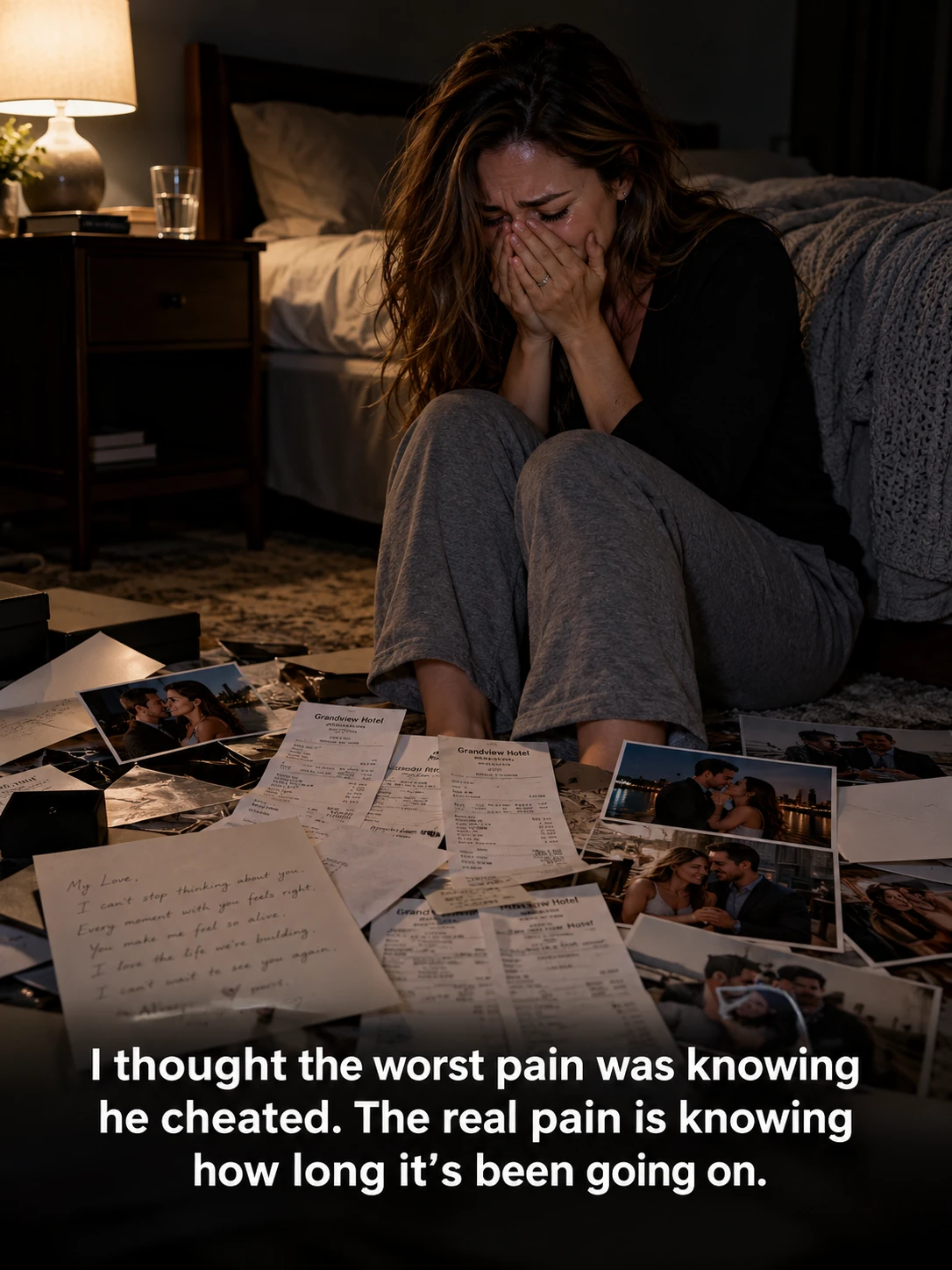 AI-generated scene of a woman overwhelmed by letters and receipts. Caption: I thought the worst pain was knowing he cheated. The real pain is knowing how long it’s been going on.